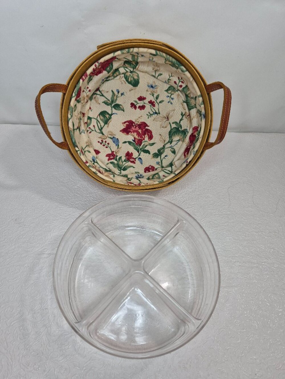 Vtg Longaberger Handmade Fabric Lined Button Wicker Basket Insert Leather Handle